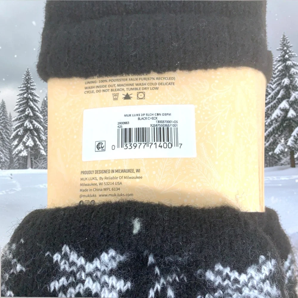 NEW MUK LUKS Cabin Socks Buffalo Plaid Black White Non Skid Women's Sz 6-10 NWT